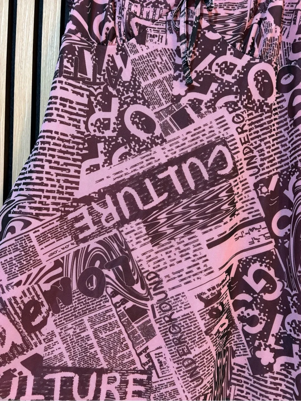 Urban Outfitters UO Elodie Mesh Slip Dress Newspaper Print Pink Black Size Large